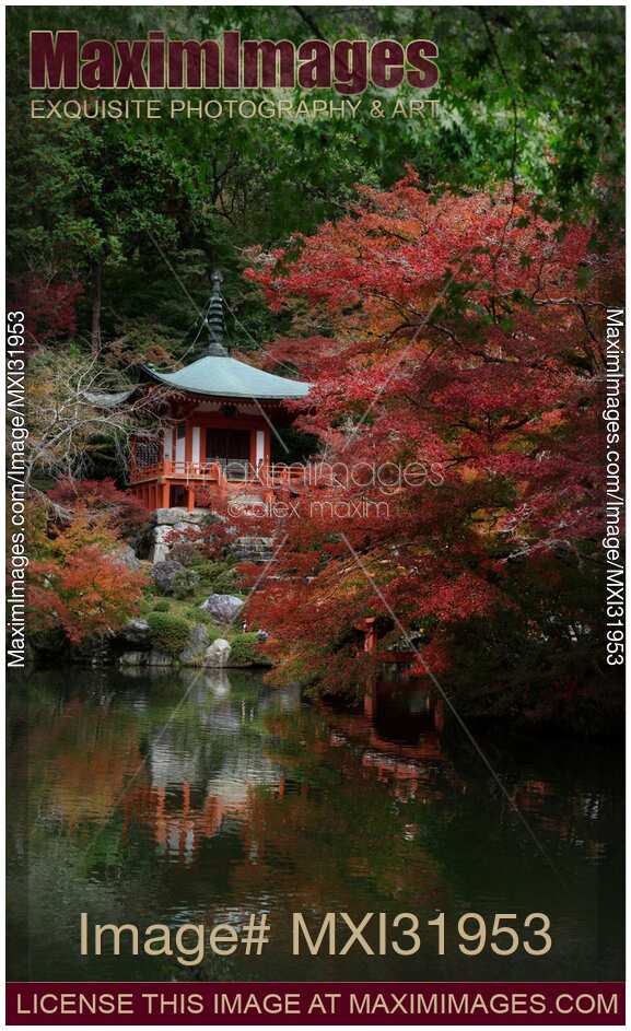 Autumn scenery of Bentendo Hall reflecting in a pond at Daigoji temple Kyoto Japan travel