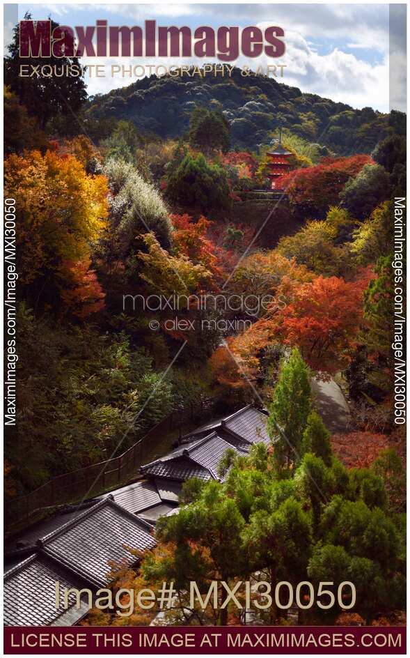 Autumn scenery of Kiyomizu-dera temple grounds with view on Koyasu pagoda Kyoto Japan