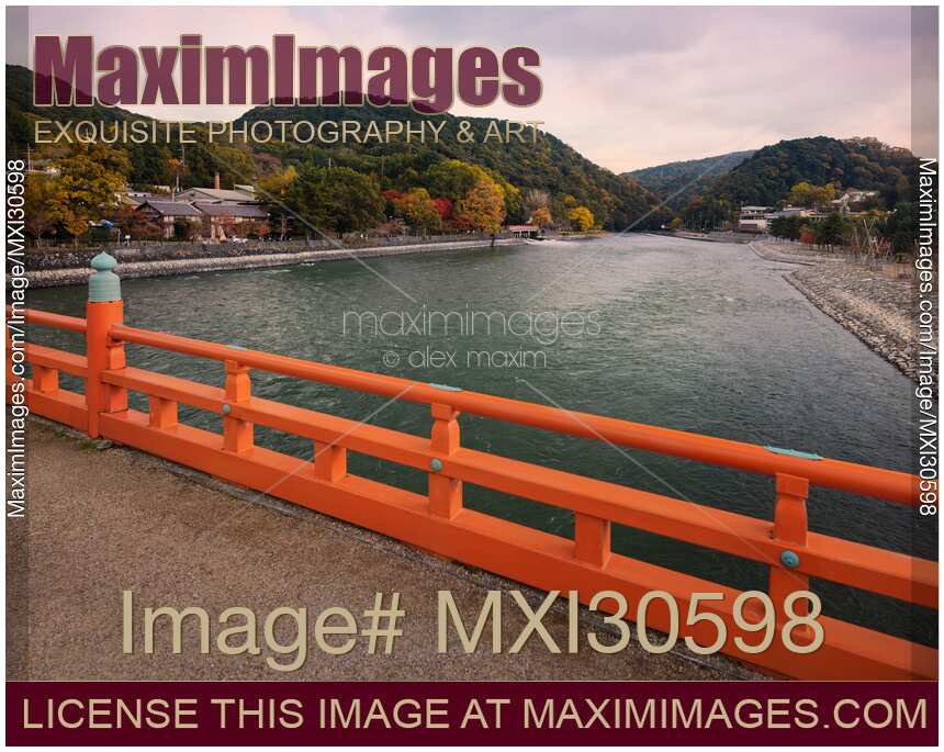 Autumn sunset scenery of Uji River from Uji brindge in Uji Japan