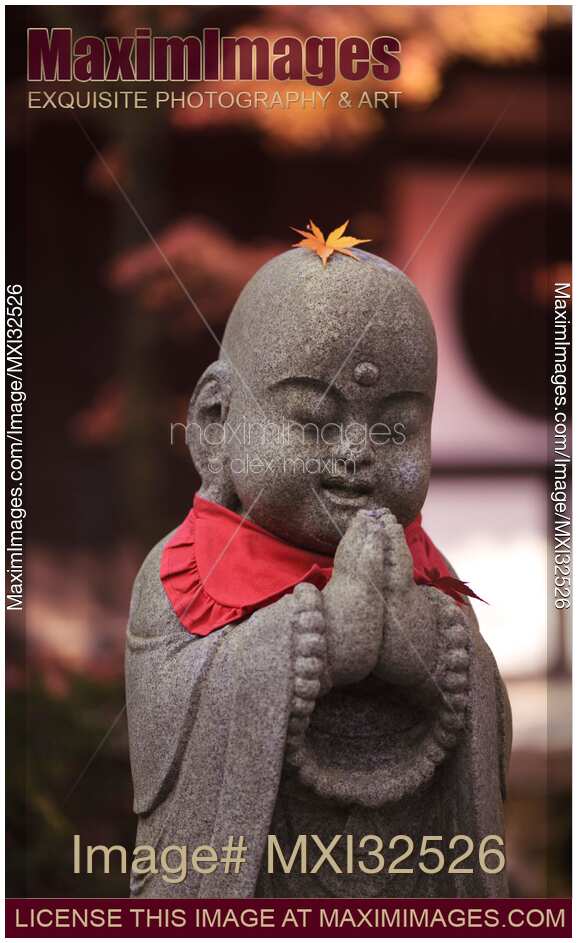 Baby Buddha blessed with a yellow maple leaf fallen on his head cute stone statue Japan
