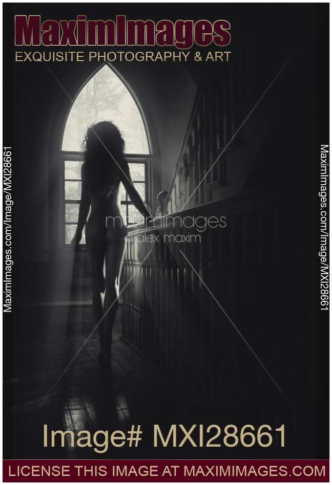 Back of beautiful naked woman on staircase in sunlight