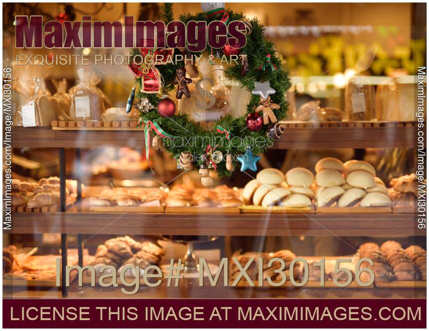 Bakery store window with breads and pastries on display during Christmas season in Kyoto Japan