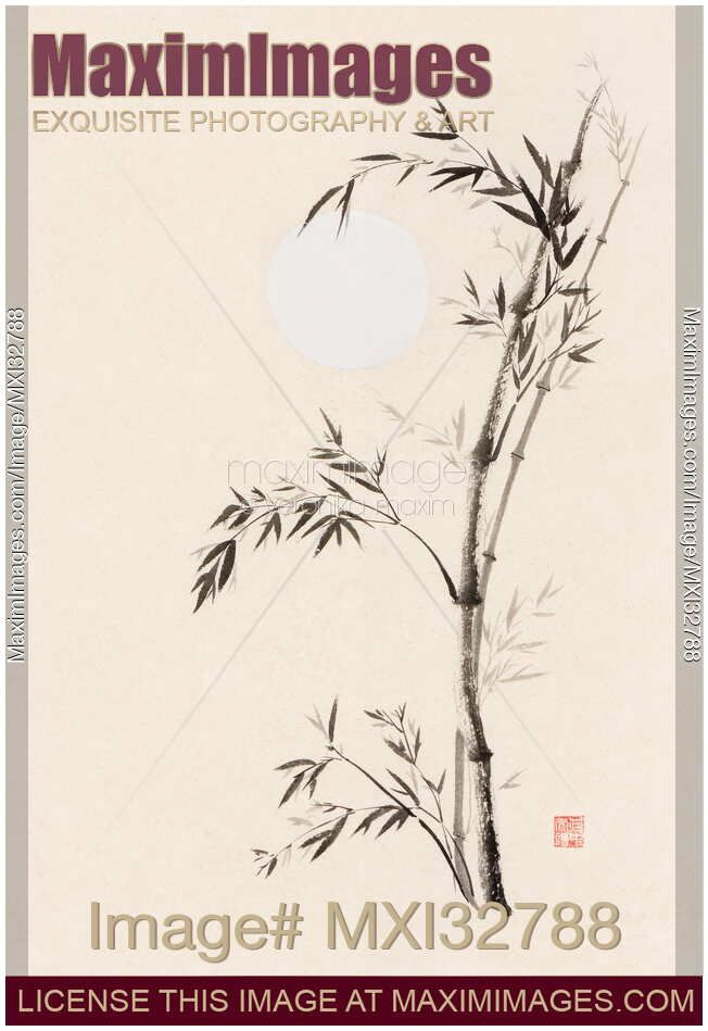 Bamboo and the full moon Chinese Zen painting artwork on rice paper