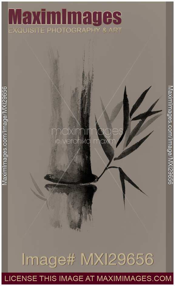 Bamboo stalk Sumi-e Oriental Zen painting design on beige background