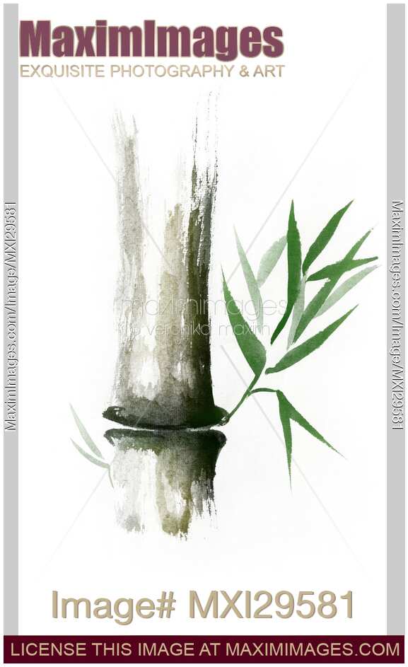 Bamboo stalk with green leaves Sumi-e Oriental Zen painting
