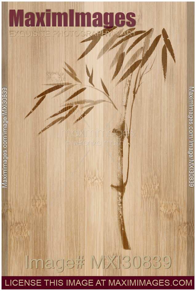 Bamboo stalk with leaves Japanese Zen Sumi-e artwork on wooden background
