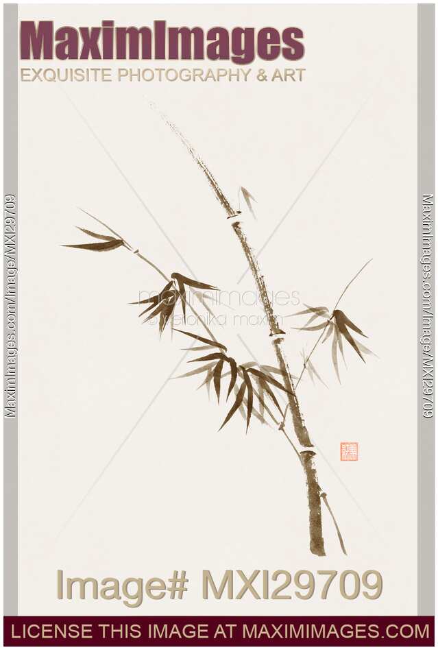 Bamboo stalk with young leaves Delicate refined Zen style design on light beige background