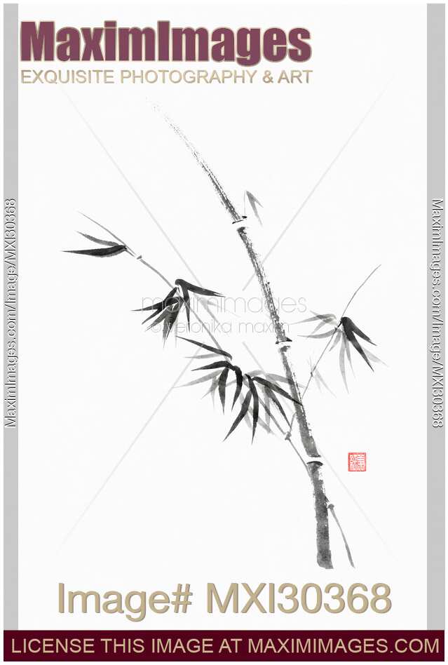 Bamboo stalk with young leaves minimalistic Sumi-e Japanese Zen painting artwork