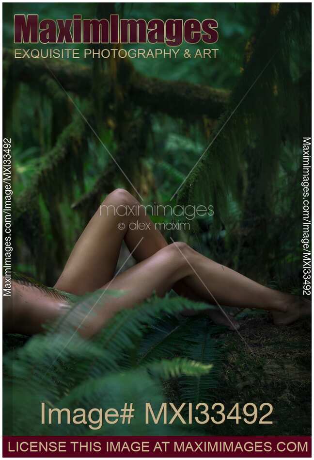 Bare legs of a woman lying naked in a dark green mysterious forest nature scenery
