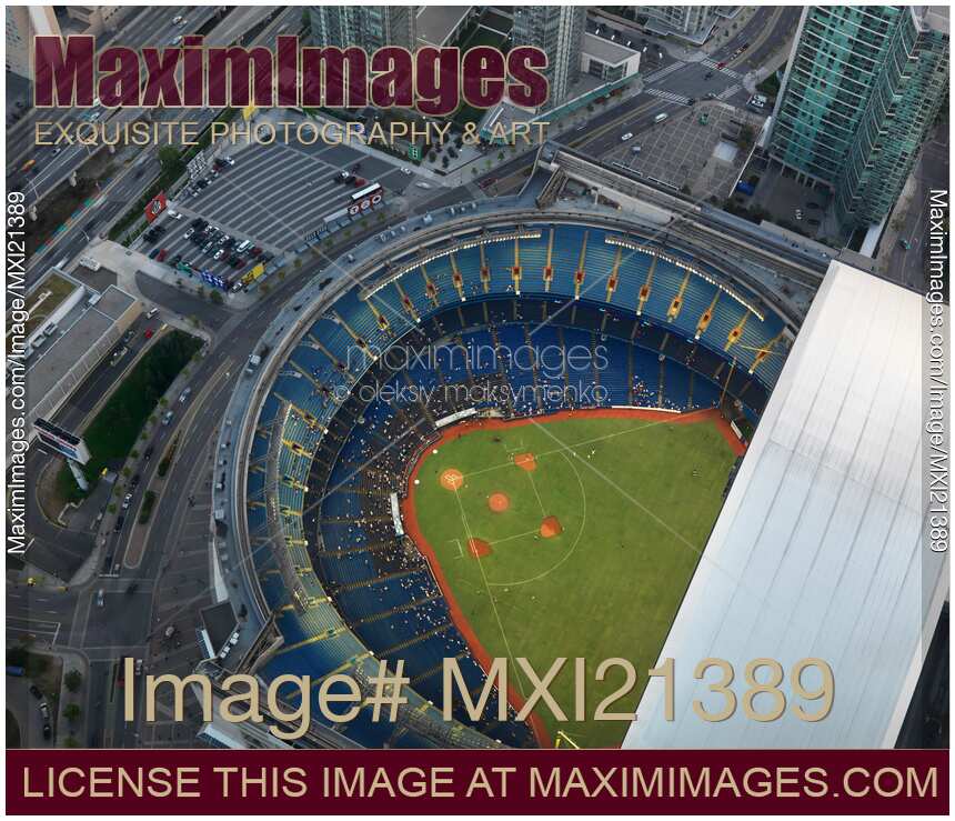 Baseball Game at Toronto Rogers Centre with open roof, view from above
