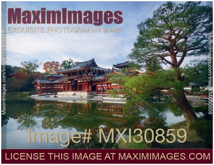 Beautiful Amida hall of Byodo-in temple on a pond in Uji Japan in morning sunrise scenery