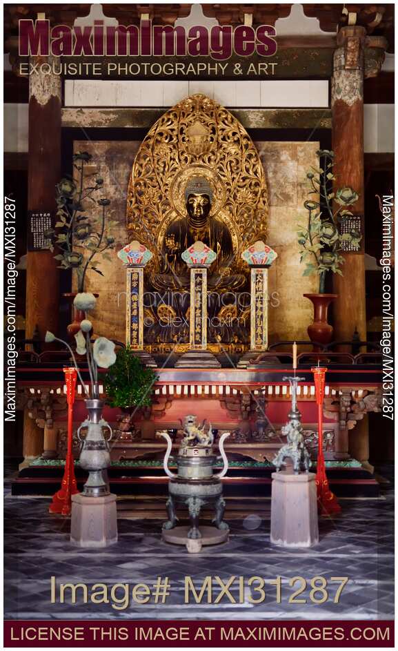 Beautiful ancient Buddha statue in Butsuden Hall of Daitoku-ji Buddhist temple in Kyoto