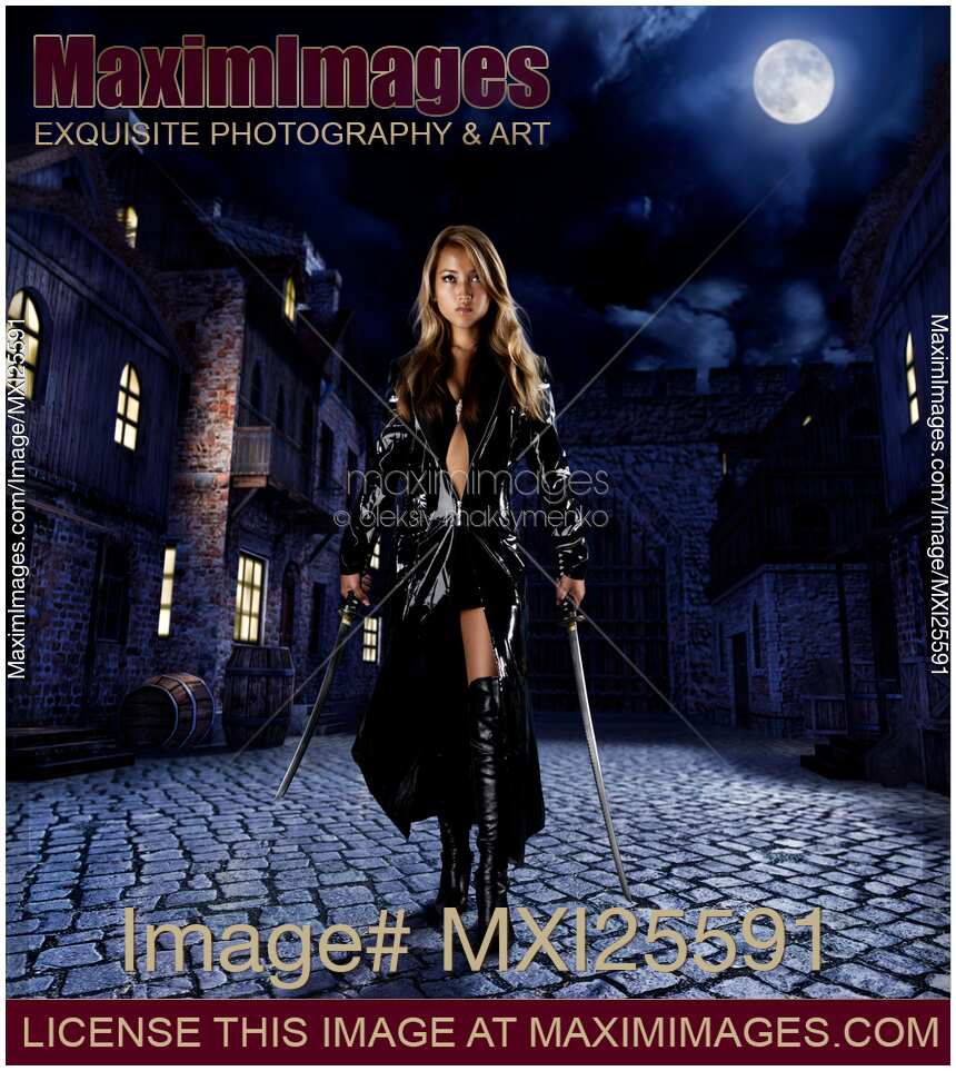 Beautiful asian lady assassin walking down night street with two swords