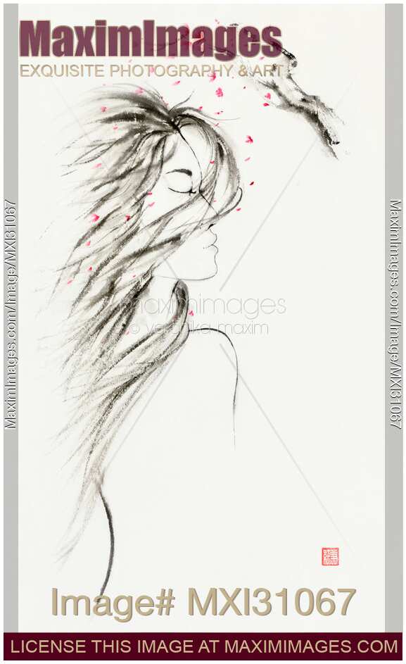 Beautiful Asian woman under a sakura branch in the wind Japanese Zen Sumi-e painting