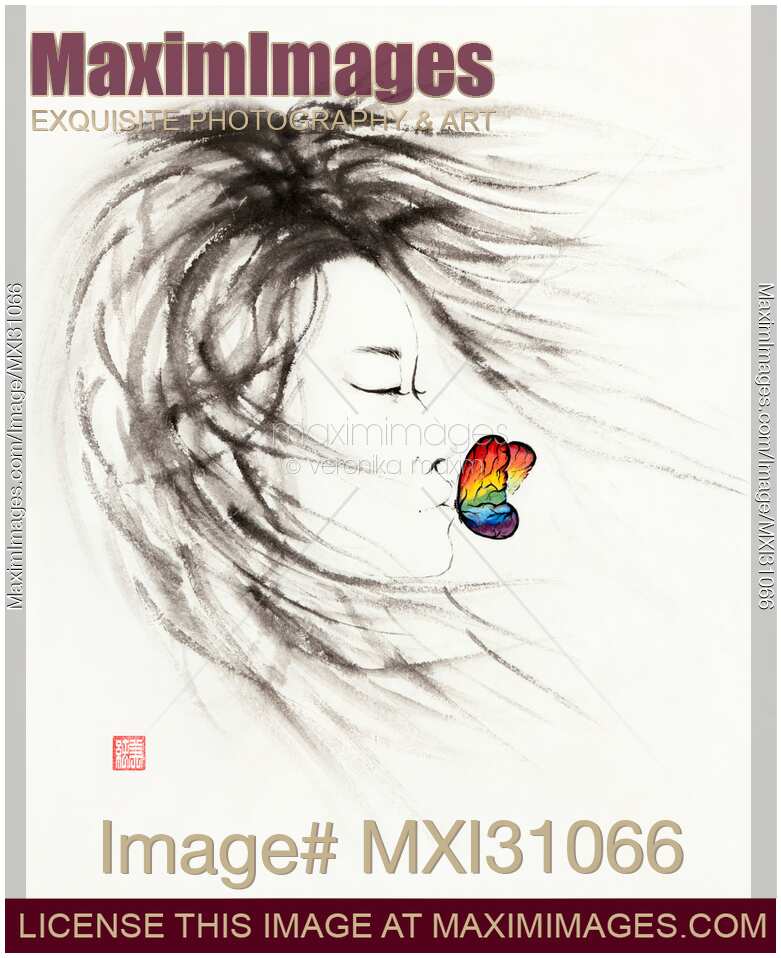 Beautiful asian woman with wild wind blown hair and a rainbow butterfly kissing her lips