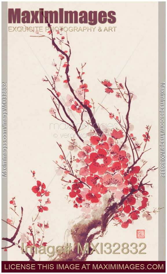 Beautiful bright sakura blossom branch with red flowers Japanese Zen sumi-e painting