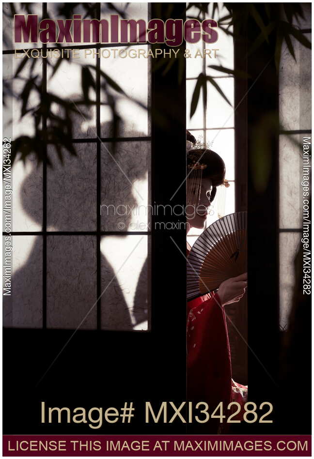 Beautiful caucasian lady geisha with hand fan behind shoji screen of traditional Japanese house in mysterious shadows
