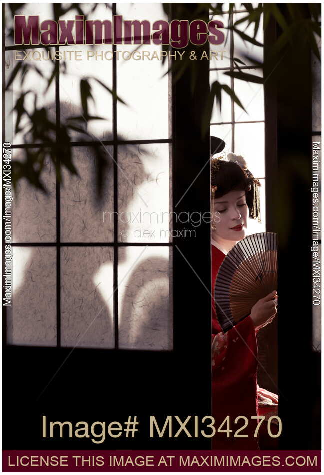 Beautiful caucasian lady, Japanese geisha with hand fan behind shoji screen of traditional Japanese house