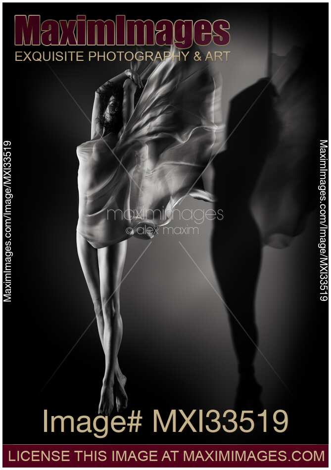 Beautiful half-naked woman with wing-like cloth wrapped around her nude body and her shadow suspended with bondage ropes