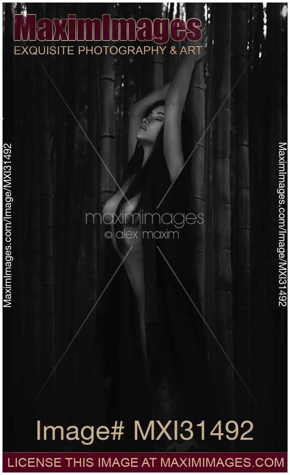 Beautiful half nude asian woman leaning against a bamboo in dark forest Black and white