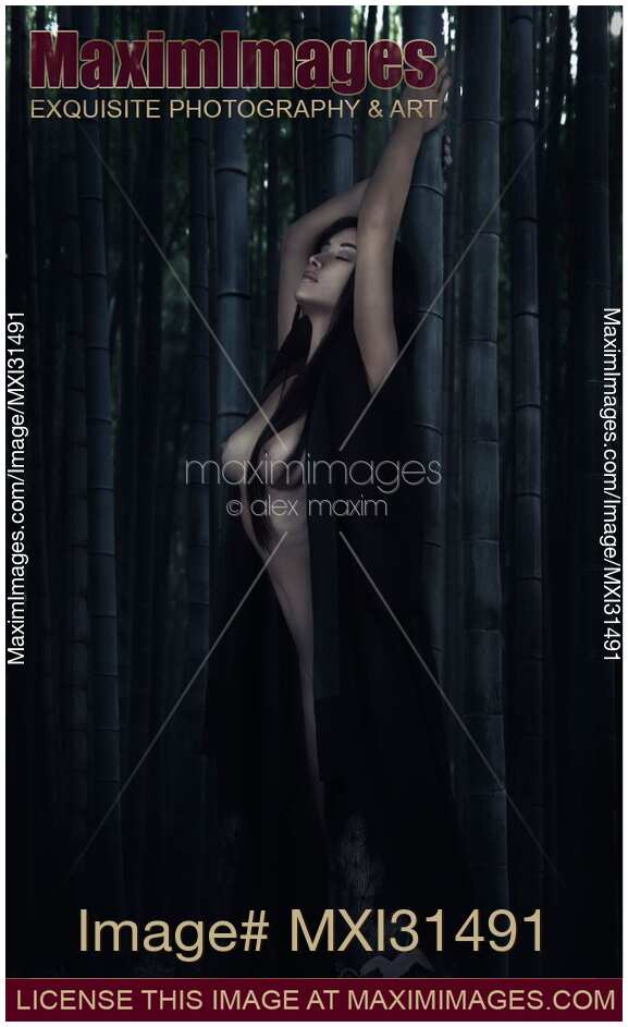 Beautiful half nude asian woman leaning against a bamboo in dark forest in undone kimono