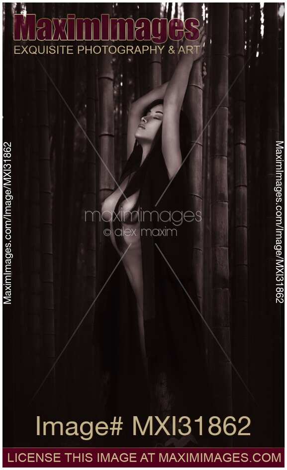 Beautiful half nude Japanese woman in undone kimono leaning against bamboo in dark forest