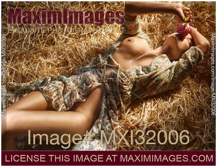 Beautiful half nude sexy country girl in open summer dress lying on straw in golden sunlight with a rose
