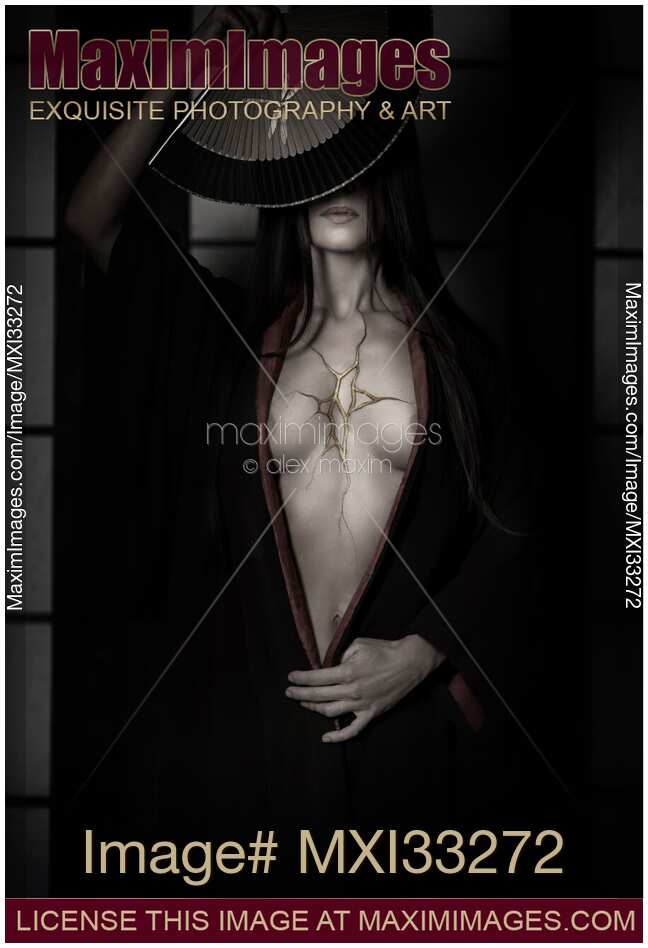 Beautiful Japanese woman in kimono with gold filled crack in her open chest over broken heart. Kintsugi wabi-sabi concept. Black and white.