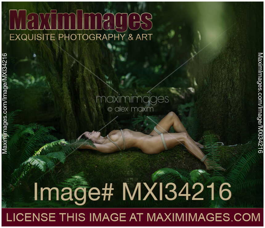 Beautiful naked woman lying tied up with shibari bondage ropes on mossy tree trunk in nature scenery