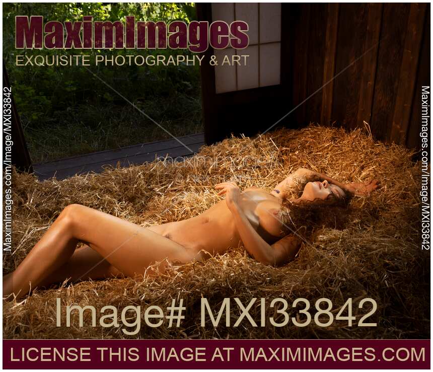 Beautiful nude sexy woman with sensual curves lying naked on hay in warm golden light relaxed expression
