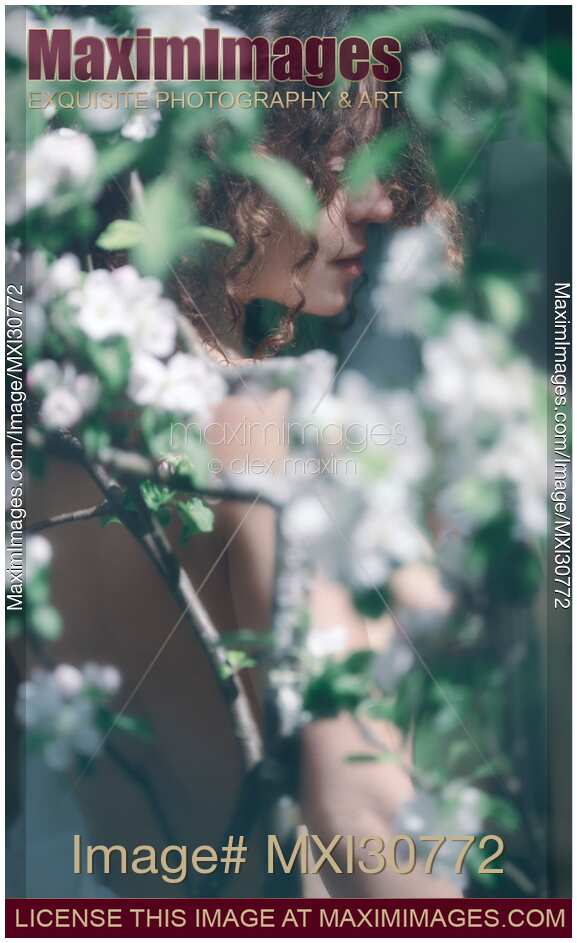 Beautiful nude woman behind white flowers of apple blossoms outdoors