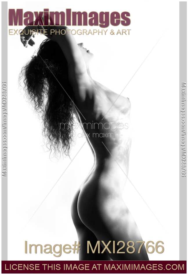 Beautiful nude woman body with light pattern of leaves