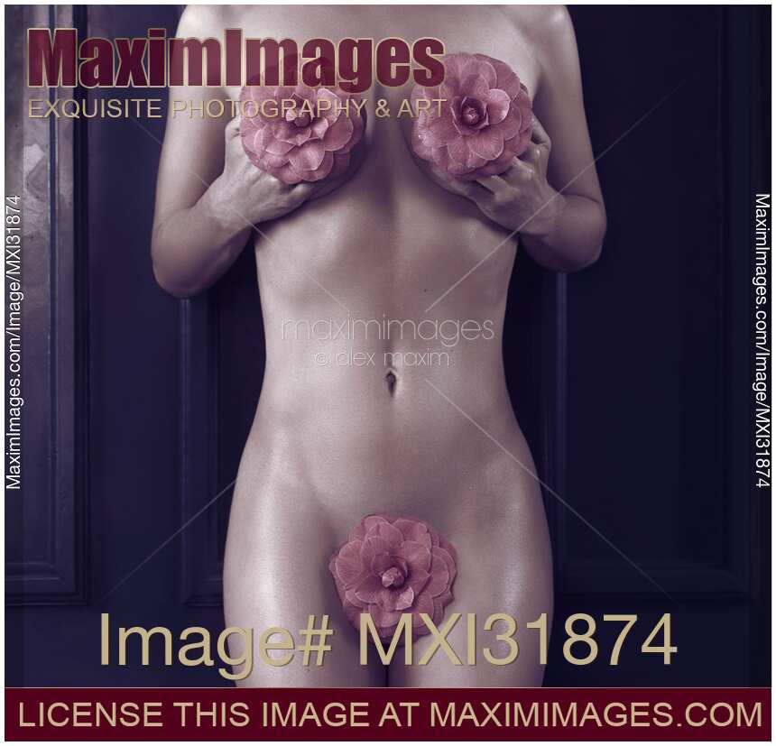 Beautiful nude woman body with pink camellia flowers artistic concept