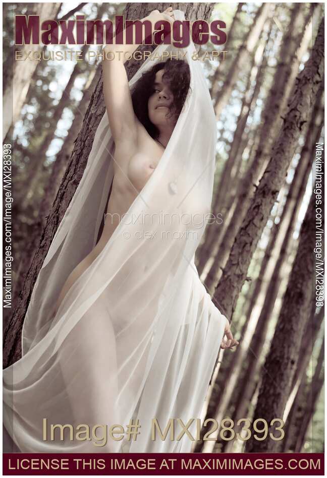 Beautiful nude woman in white shawl in forest