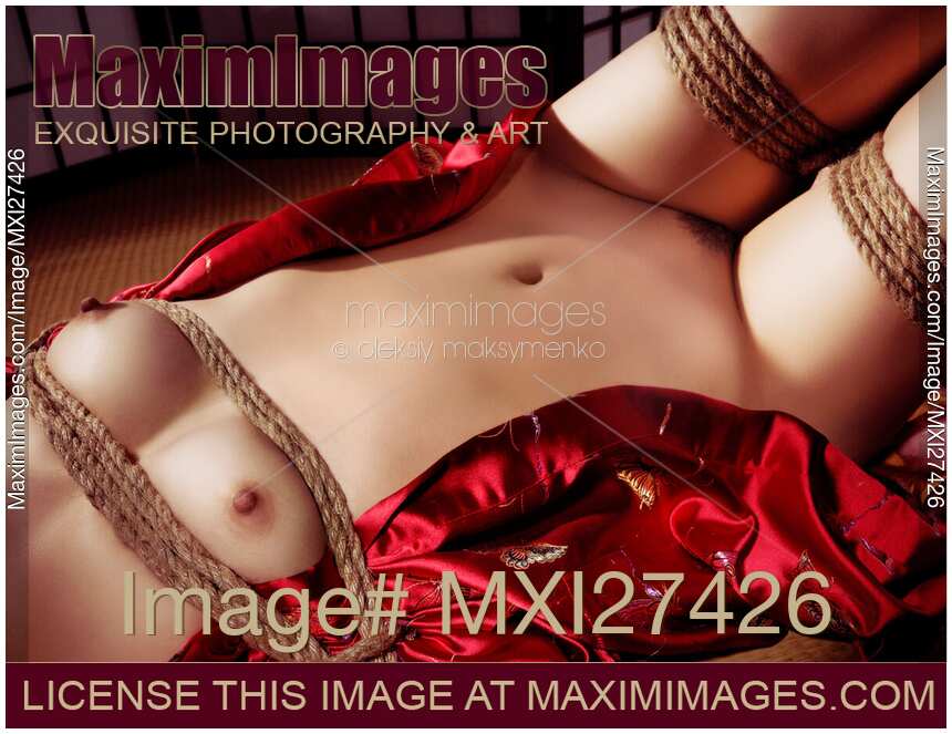 Beautiful nude woman lying down with her body tied down with Shibari bondage ropes