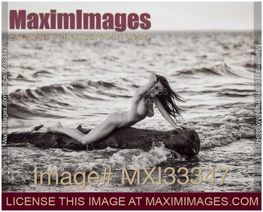 Beautiful nude woman lying on driftwood by the shore in sea water Fine art nude photography