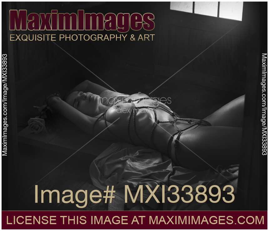 Beautiful nude woman lying on the floor tied up with Shibari bondage ropes. Sensual black and white erotic photo.