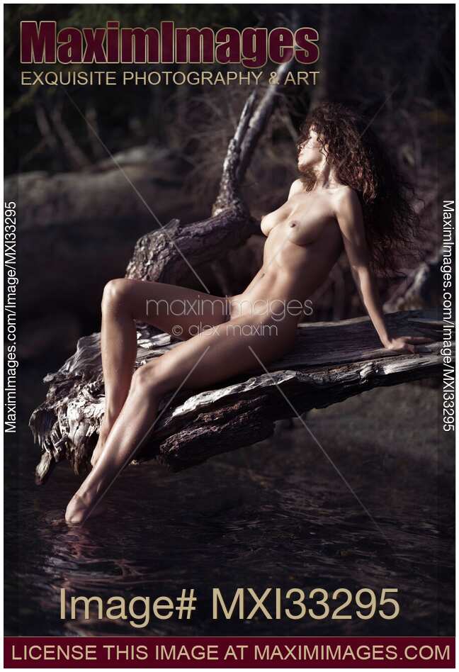 Beautiful nude woman sunbathing reclining on a tree branch by the lake shore with morning sunlight on her naked body