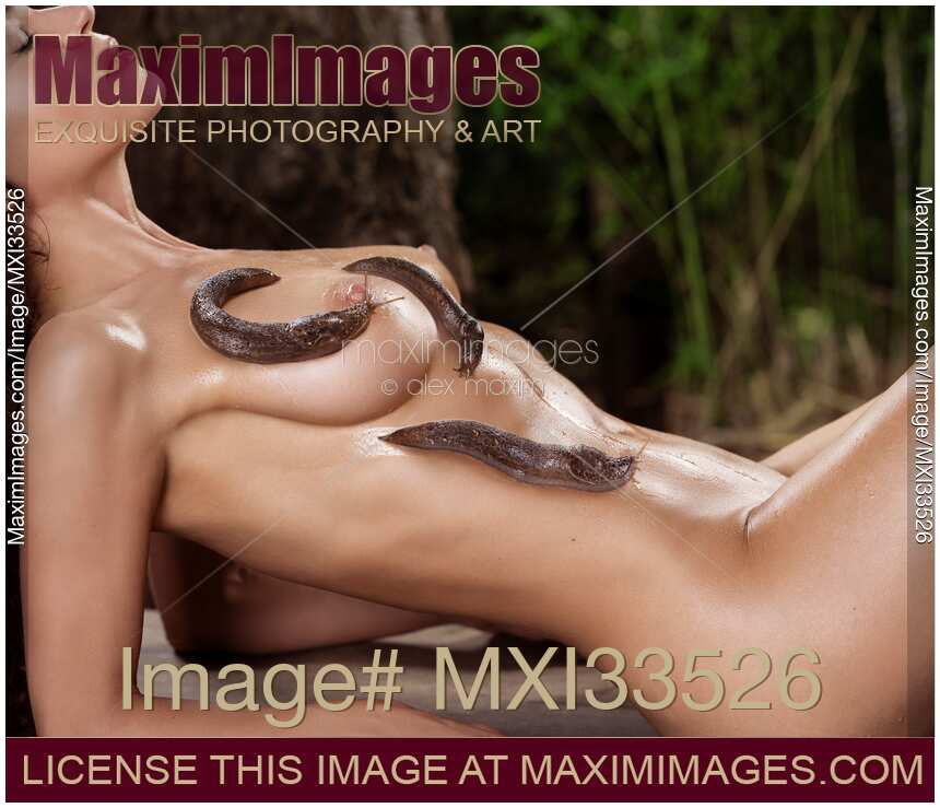 Beautiful nude woman with cute slugs exploring her sexy wet naked body