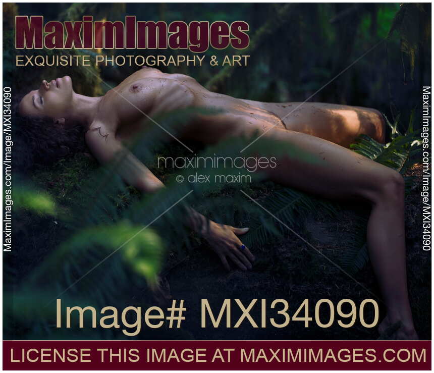 Beautiful nude woman with wet shiny body lying naked in a sensual pose on a mossy tree trunk in a forest