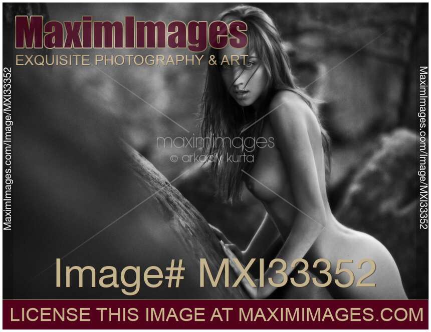 Beautiful nude woman with wild wolf eyes look leaning against a rock in the nature