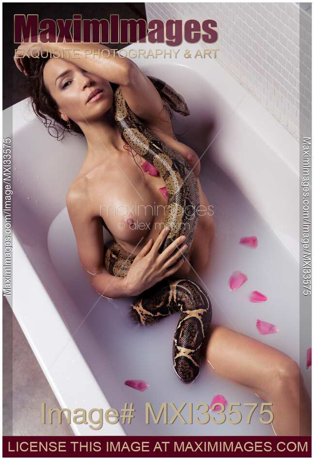 Beautiful sexy nude woman taking a milk bath with a large boa snake wrapped around her naked wet body