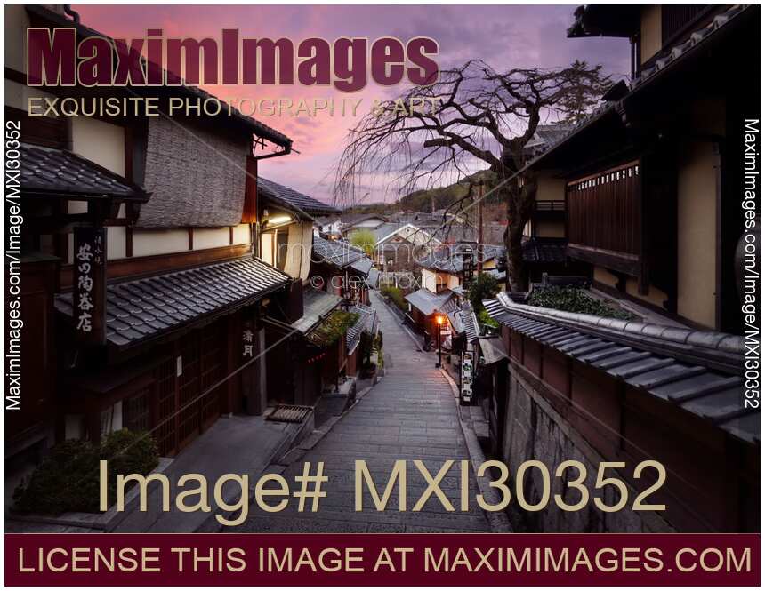 Beautiful sunrise scenery of Yasaka dori historic street in Kyoto empty and quiet in early morning