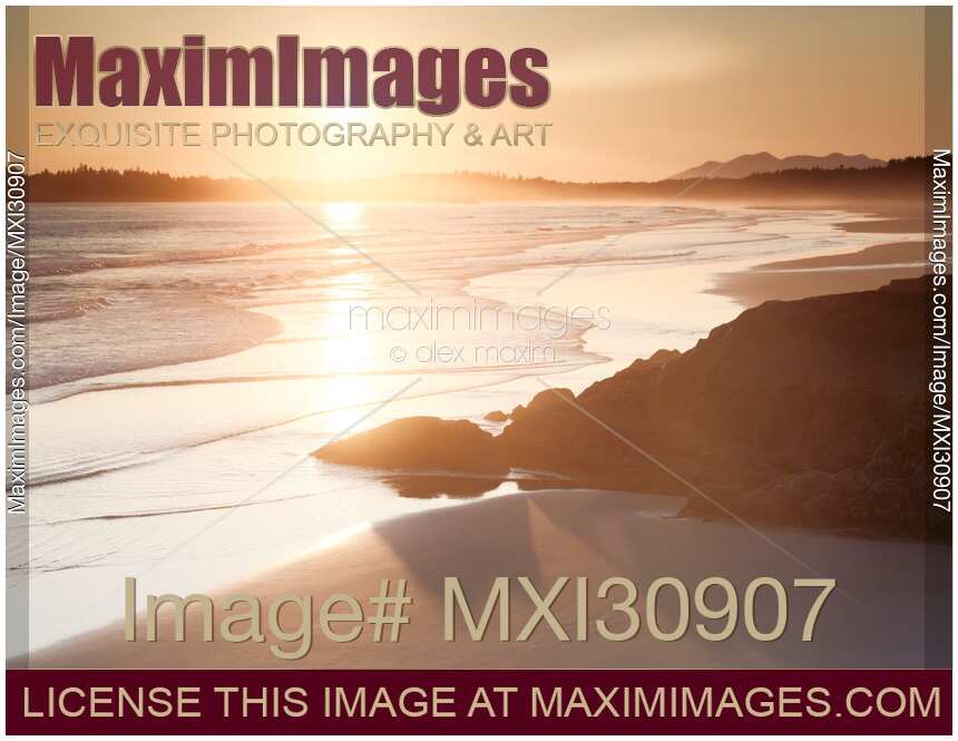 Beautiful sunset scenery of Pacific Rim National Park beach in Tofino BC