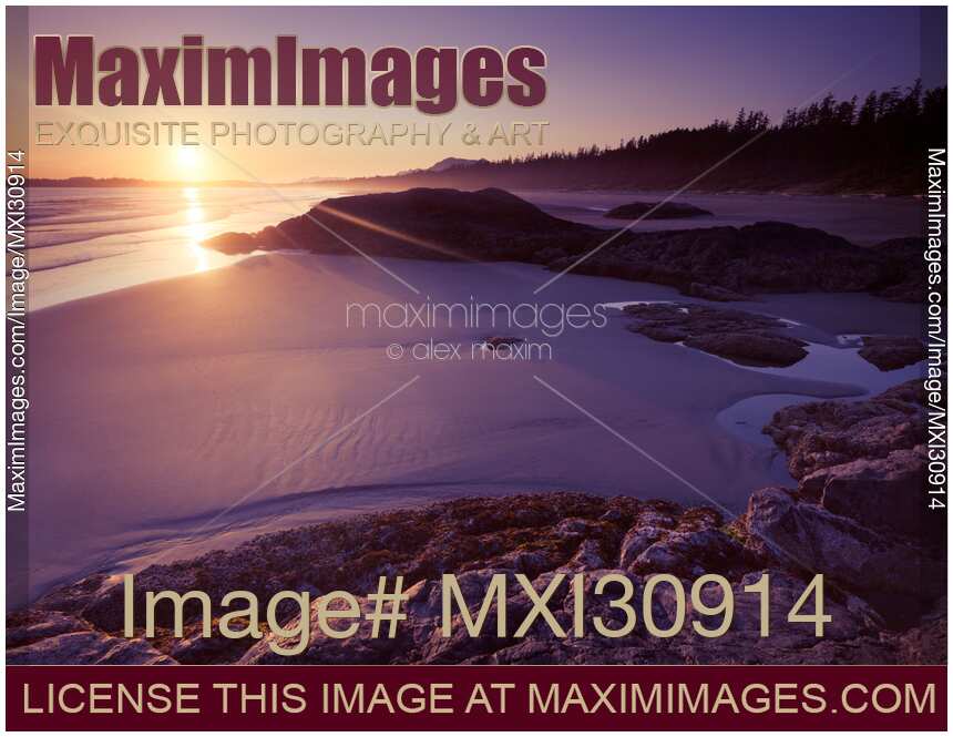 Beautiful sunset scenery of Pacific Rim National Park Long Beach at low tide Tofino Vancouver Island