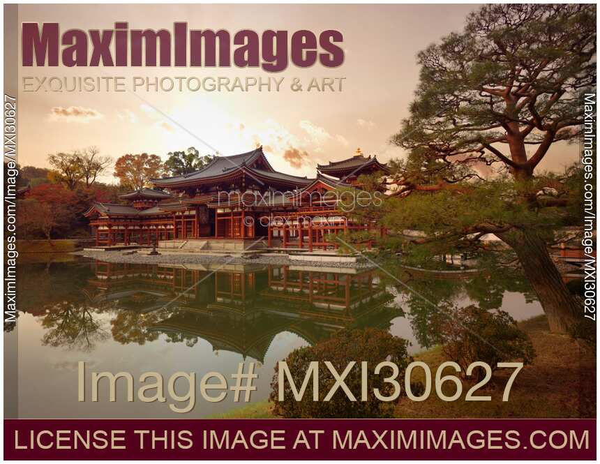 Beautiful sunset scenery of the Amida hall of Byodo-in temple on a pond in Uji Japan