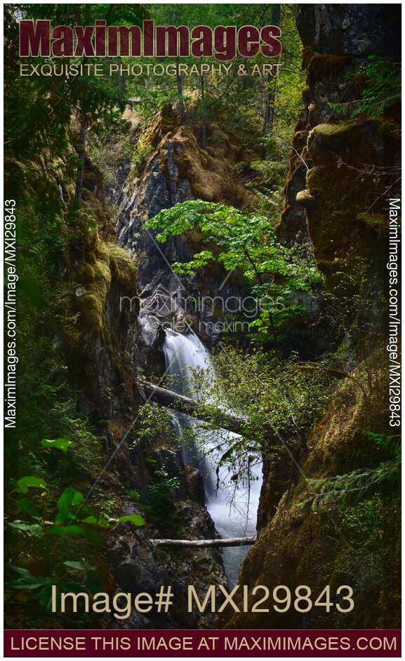Beautiful waterfall and moss covered rocky cliffs at Little Qualicum Falls Vancouver Island
