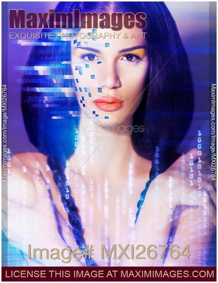 Beautiful woman face portrait in digital sci-fi world