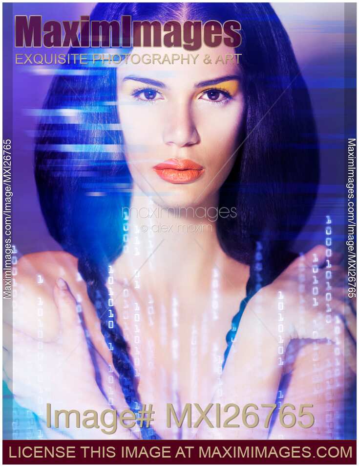 Beautiful woman portrait in digital virtual world