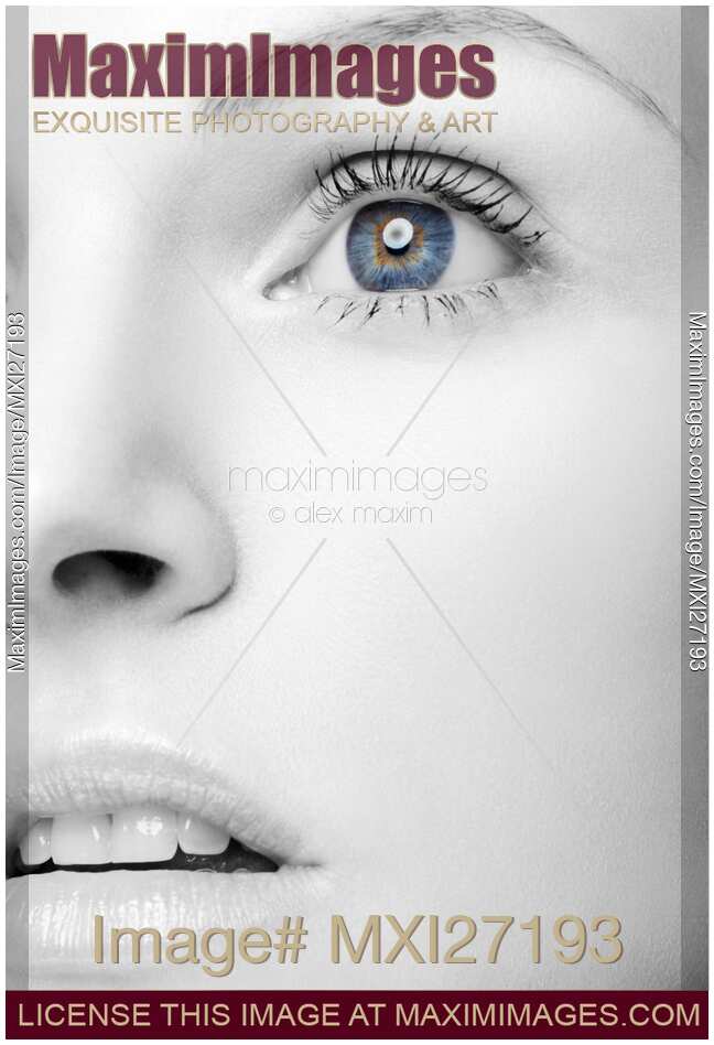 Beautiful Woman's Black and White Face with Blue Eye